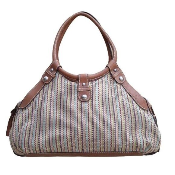 Fossil Bucket Bag Tote Boho Retro Rainbow Striped Tapestry Round Top Handle Sz L - Picture 1 of 14